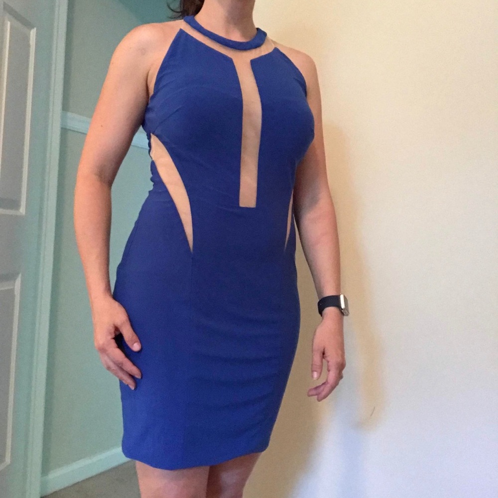 Jovani blue cocktail with sheer detail